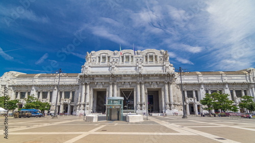 Front view of Milan antique central railway station timelapse .