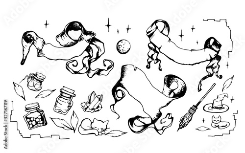 Monochrome magic set: scrolls, cats, bottles,crystals, witch hat,moon. Vector illustration. Hand-drawn kids design elements isolated on white. Fairy tale Witchcraft doodles collection in cartoon style