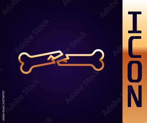 Gold line Human broken bone icon isolated on black background. Vector Illustration