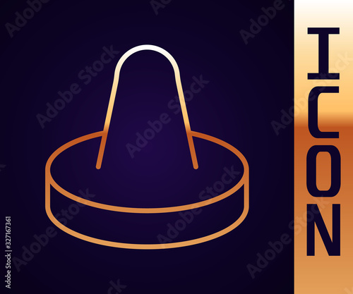 Gold line Mallet and puck for playing air hockey game icon isolated on black background. Vector Illustration