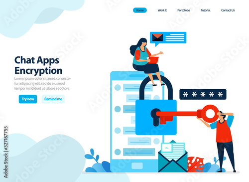 website design of chat apps encryption and mobile security. secure personal data by protecting smartphone. Flat illustration for landing page template, ui ux, website, mobile app, flyer, brochure, ads