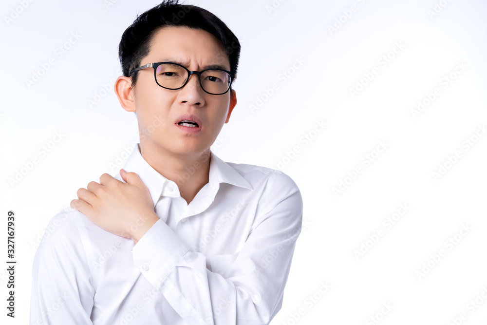 sick asian glasses male adult feel shoulder pain hand touch shoulder muscle with stressful and tension white background office syndrome ideas concept sick asian glasses male adult feel shoulder pain hand touch shoulder muscle with stressful and tension white background office syndrome ideas concept