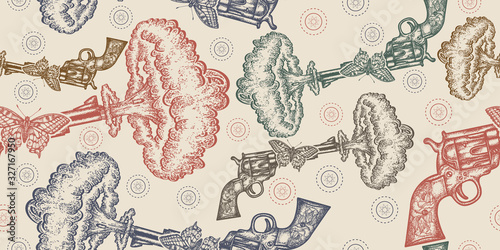 Revolver, butterfly, nuclear explosion. Seamless pattern. Packing old paper, scrapbooking style. Vintage background. Medieval manuscript, engraving art. Symbol of love and hate, war and peace