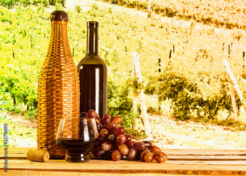 Fototapeta Naklejka Na Ścianę i Meble -  Cognac and a bunch of grapes on the background of the vineyard