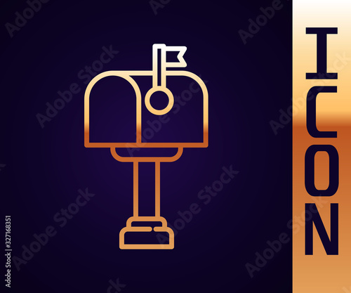 Gold line Mail box icon isolated on black background. Mailbox icon. Mail postbox on pole with flag. Vector Illustration
