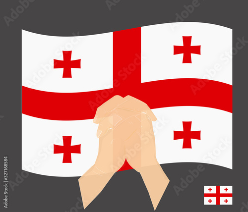 Praying hands with Georgia National Flag, Pray for Georgia, Save Georgian People concept, cartoon graphic, sign symbol background, vector illustration.