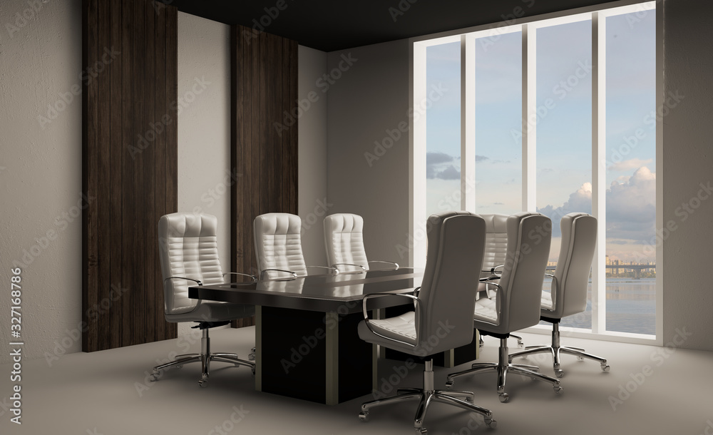 meeting room with a large window and wood paneling on the walls. Large table and office chairs.. 3D rendering. meeting room with a large window and wood paneling on the walls. Large table and office chairs.. 3D rendering.