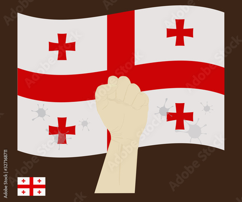 Fist power hand with novel coronavirus or covid-19 virus stained on the georgia National Flag, Fight for georgian people concept, cartoon graphic, sign symbol background, vector illustration.