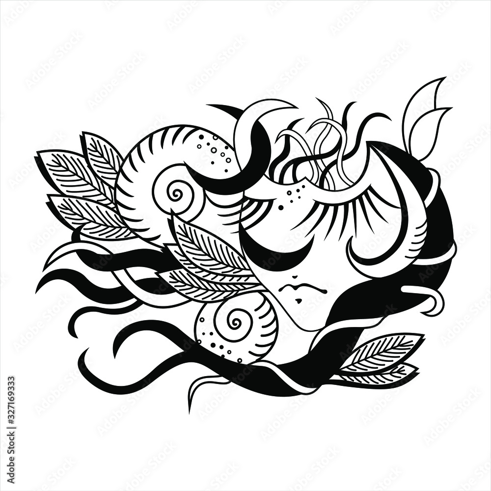 stylized tattoo girl face with closed eyes among leaves,shells and snails branches and abstract objects stylized tattoo girl face with closed eyes among leaves,shells and snails branches and abstract objects