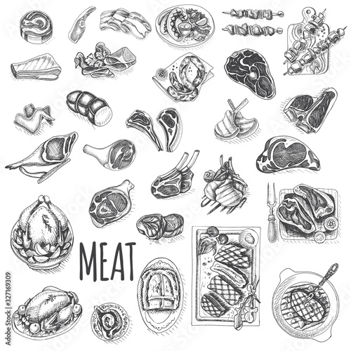Vector illustration sketch - farm market. Card local meat pattern.