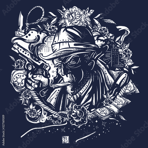 Noir detective. Retro gangster. Boss of mafia. Tattoo and t-shirt design. Dark crime art. Portrait police inspector and night city. Old movie style