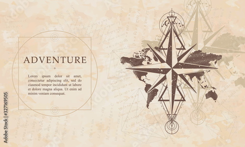 Adventure. Azimuth compass and world map. Renaissance background. Medieval manuscript, engraving art. Symbol of tourism and travel