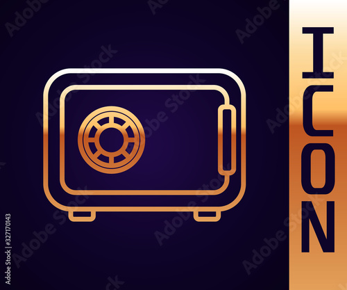 Gold line Safe icon isolated on black background. The door safe a bank vault with a combination lock. Reliable Data Protection. Vector Illustration