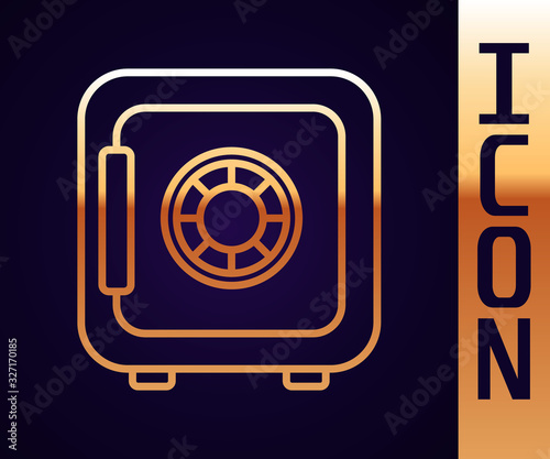 Gold line Safe icon isolated on black background. The door safe a bank vault with a combination lock. Reliable Data Protection. Vector Illustration
