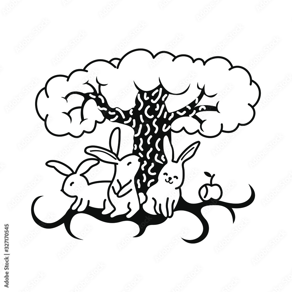 three funny hares under a big tree with apple on a white background three funny hares under a big tree with apple on a white background