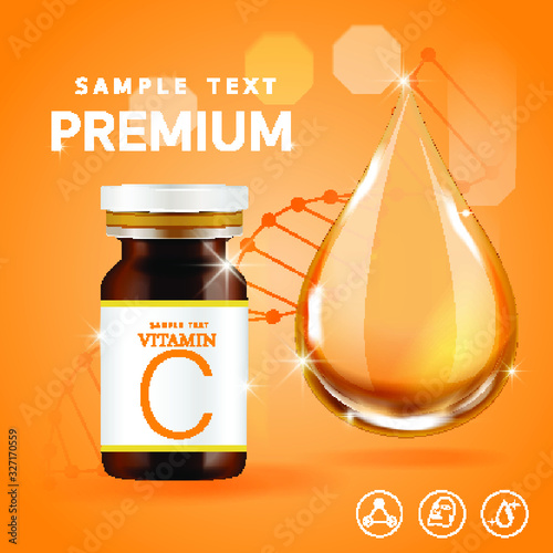 Vitamin C orange essence banner ads and droplet bottle 3d illustration