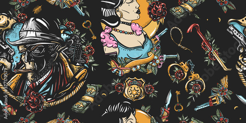 Noir film seamless pattern. Murder and investigation. Detective smoking cigar, crime scene, chalk outline of dead body, fashion woman. Retro movie background. Traditional tattooing style