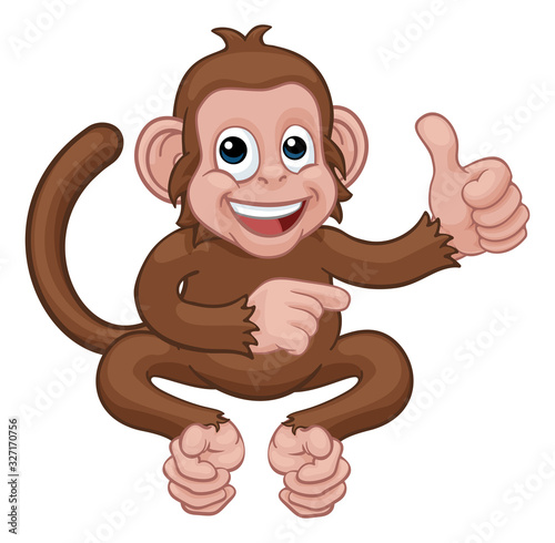 A monkey cute happy cartoon character animal giving a thumbs up and pointing
