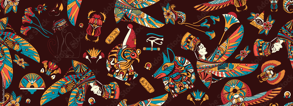 Fototapeta Ancient Egypt seamless pattern. Egyptian civilization background. Old school tattoo style. Anubis, Ra horus, black cats, queen Cleopatra, eye Horus. History art