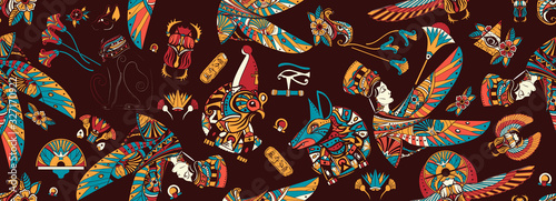Fototapeta Ancient Egypt seamless pattern. Egyptian civilization background. Old school tattoo style. Anubis, Ra horus, black cats, queen Cleopatra, eye Horus. History art