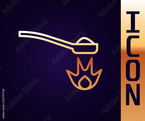 Gold line Heroin in a spoon icon isolated on black background. Concept of drug addiction and dependence from the narcotic. Junkie lifestyle. Vector Illustration