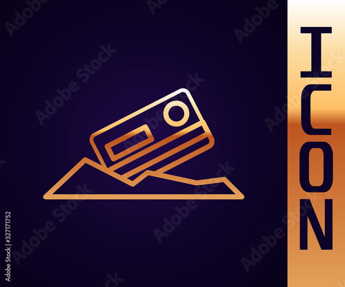 Gold line Cocaine and credit card icon isolated on black background. Vector Illustration