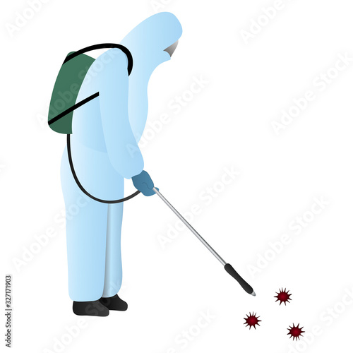 Disinfector in a mask and protective suit in blue. Color vector illustration. Treats air from COVID-19 coronavirus infection.  A man on an isolated background.  Medical subject.