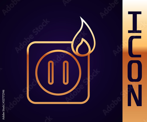 Gold line Electric wiring of socket in fire icon isolated on black background. Electrical safety concept. Plug outlet on fire. Vector Illustration