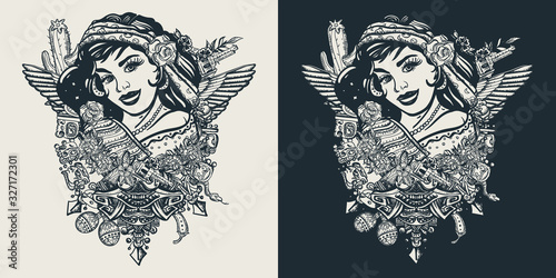 Mexican latin woman. Template for clothes, covers, emblems, stickers, poster and t-shirt design. Typography art. Vector illustration