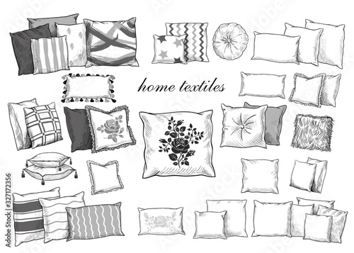 .Home textiles. A collection of various pillows. Hand-drawn vector illustration in vintage style. Isolated interior elements. Sketch.