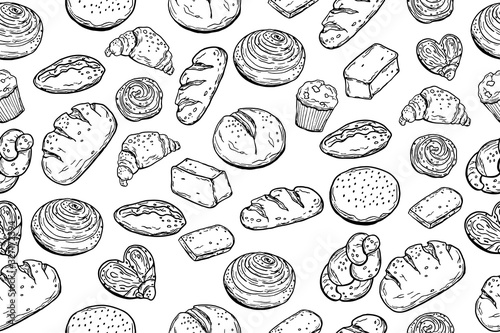 Seamless pattern. Various baking. Bread. Doodle style. For your design.
