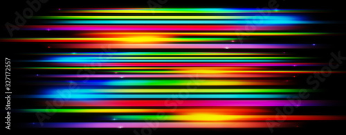 Panoramic glowing blurred light stripes in motion over on abstract background. Rainbow rays. Led Light. Future tech. Shine dynamic scene. Neon flare. Magic moving fast lines. Glowing wallpaper.