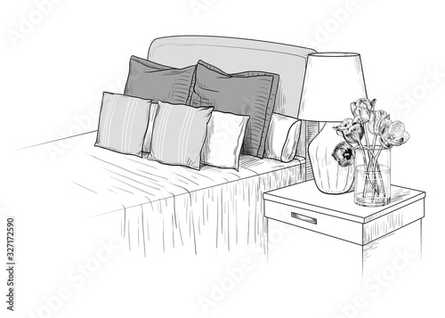 .Bedroom. Bed with pillows, bedside table with a lamp and a bouquet of tulips in a vase..Hand-drawn vector illustration in vintage style. Interior sketch.