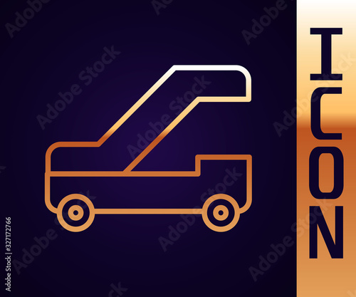 Gold line Passenger ladder for plane boarding icon isolated on black background. Airport stair travel. Vector Illustration