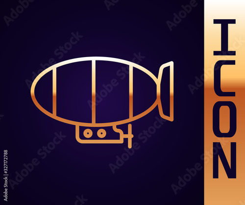 Gold line Airship icon isolated on black background. Vector Illustration