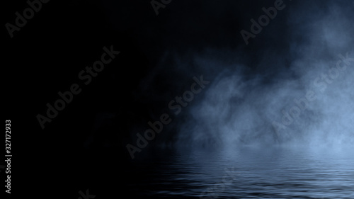 Fog and mist effect on black background. Smoke texture overlays. Design element. Stock illustration. Reflection on water.
