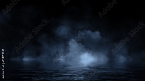 Fog and mist effect on black background. Smoke texture overlays. Design element. Stock illustration. Reflection on water. © Victor