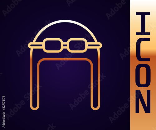 Gold line Aviator hat with goggles icon isolated on black background. Pilot hat. Vector Illustration