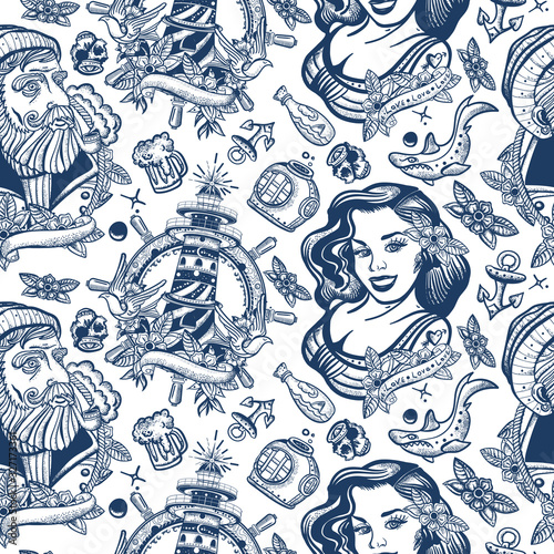 Sea adventure vintage seamless pattern. Nautical art. Old school tattoo style. Sea wolf captain, lighthouse and sailor girl