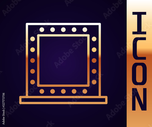 Gold line Makeup mirror with lights icon isolated on black background. Vector Illustration