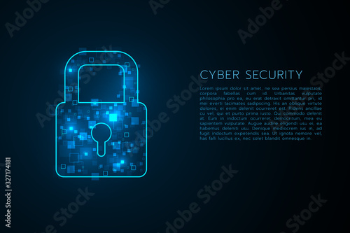 Lock symbol blue light scatter pixel with lorem ipsum on dark background presentation template cyber security concept
