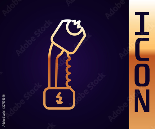Gold line Police electric shocker icon isolated on black background. Shocker for protection. Taser is an electric weapon. Vector Illustration