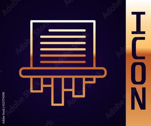 Gold line Paper shredder confidential and private document office information protection icon isolated on black background. Vector Illustration
