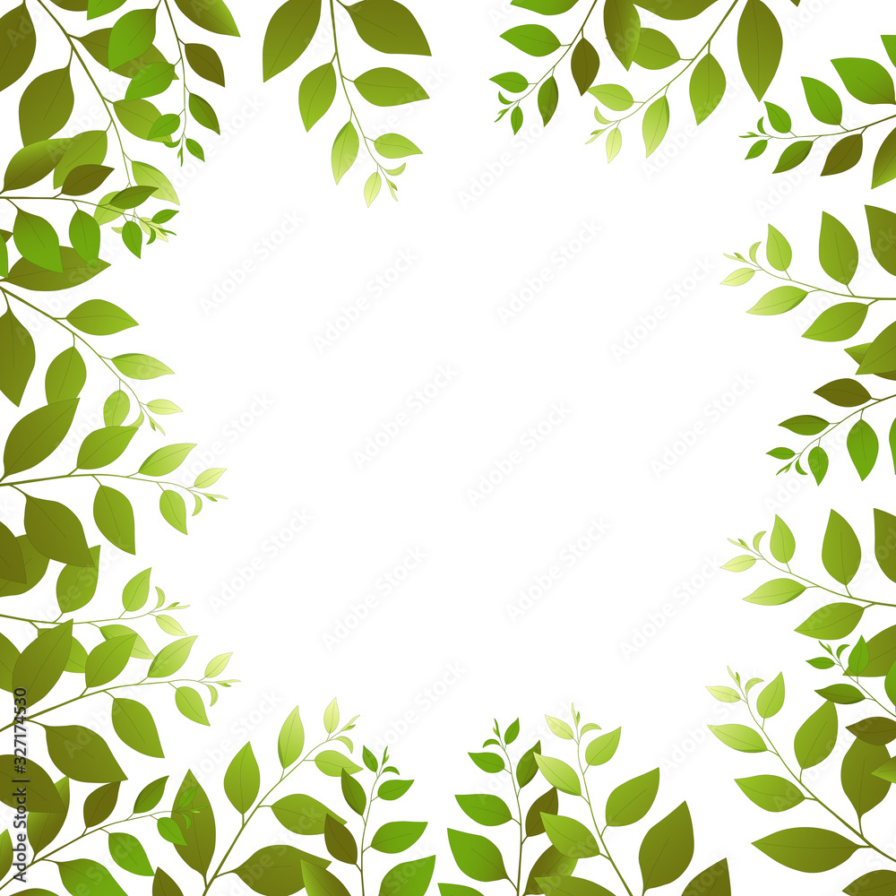 Autumn floral frame with green sprigs on white background. Trend color illustration with branches. Template design for invitation, poster, card. Holiday card or congratulation. 