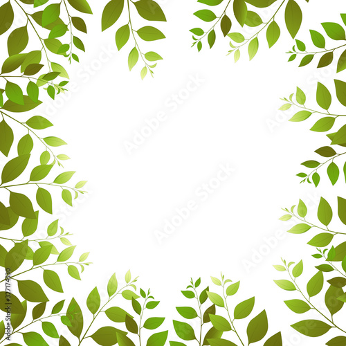 Autumn floral frame with green sprigs on white background. Trend color illustration with branches. Template design for invitation, poster, card. Holiday card or congratulation. 