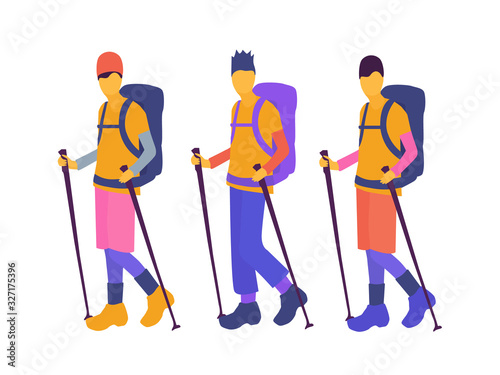 Male characters with trekking poles goes to the mountains. Active people with backpacks hiking, exploring wild nature, trekking. Flat cartoon vector illustration.