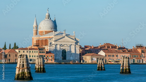 View on the lagoon of Venice with Chiesa church del Santissimo Redentore located on Giudecca island in the sestiere of Dorsoduro timelapse