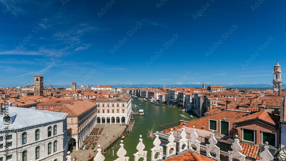 Top view on central busy canal in Venice timelapse, on both sides masterpieces of Venetian architecture