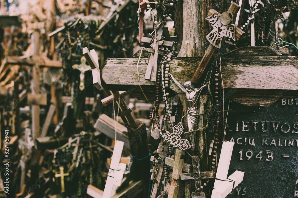 Fototapeta premium Numerous crucifixes on the hill of crosses in Lithuania