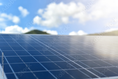 Solar photovoltaic panels and solar photovoltaic power generation systems on blue sky background. alternative clean green energy concept. Soft Selected focus
